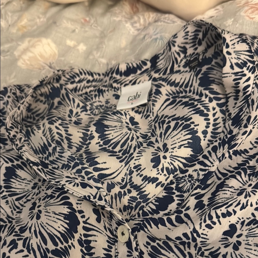 CAbi Navy and Cream Patterned Top